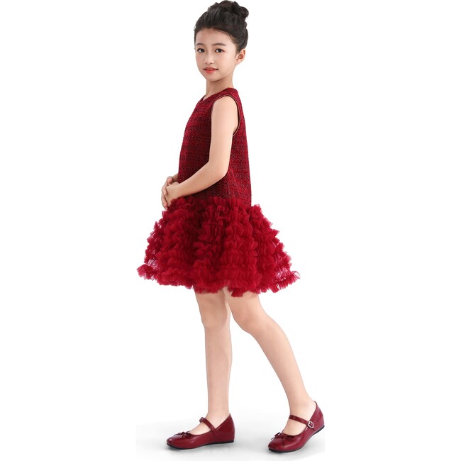 Tweed & Tulle Ruffle Dress, Red - Dresses - 6