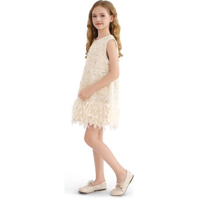 Sequin Feather-Hem Dress, Cream - Dresses - 6