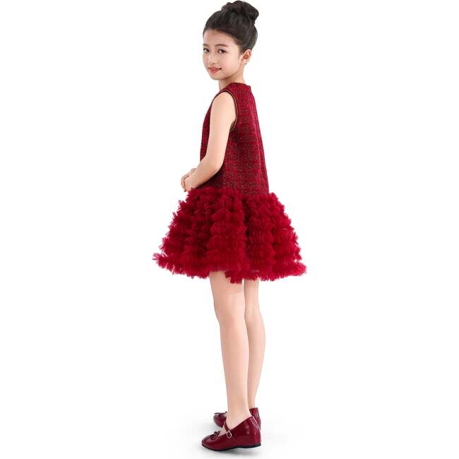 Tweed & Tulle Ruffle Dress, Red - Dresses - 7