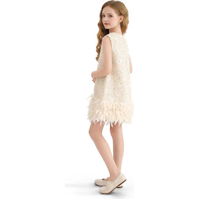 Sequin Feather-Hem Dress, Cream - Dresses - 7