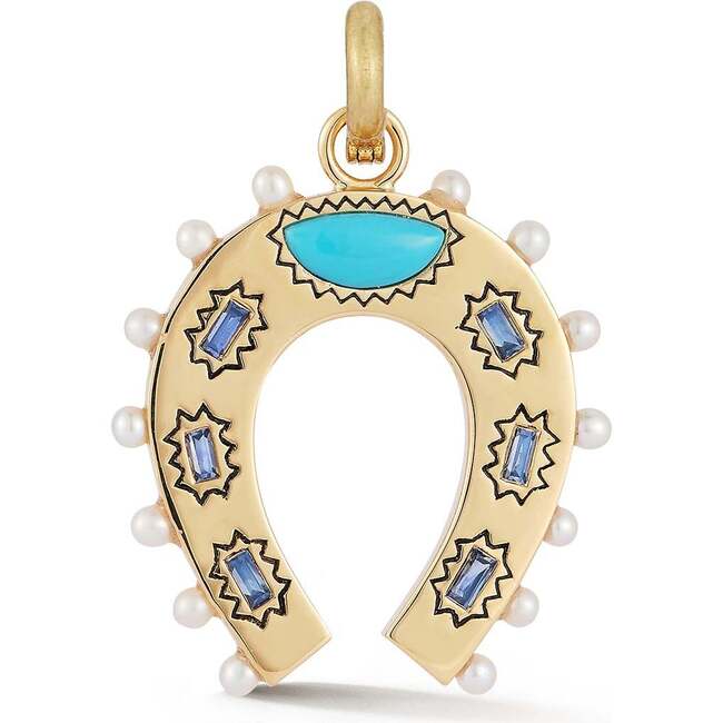 14K Gold Turquoise Blue Sapphire & Pearl Holly Horseshoe Charm