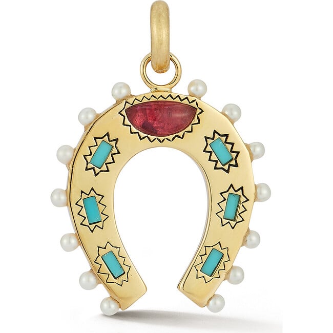 14K Gold Turquoise, Pink Tourmaline & Pearl Holly Horseshoe Charm