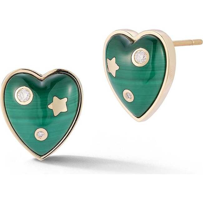 14K Gold & Malachite Anne Diamond Heart Stud Earrings