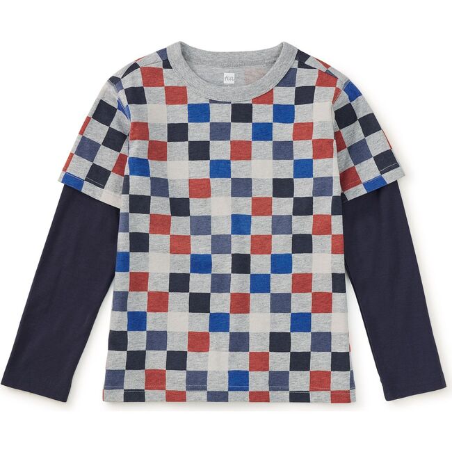 Printed Layered Sleeve Tee, Multicolored Checkerboard