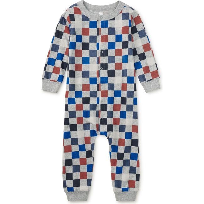 Long Sleeve Snap Front Romper, Multicolored Checkerboard