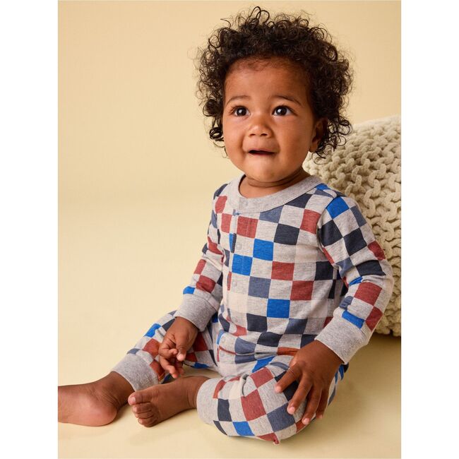 Long Sleeve Snap Front Romper, Multicolored Checkerboard