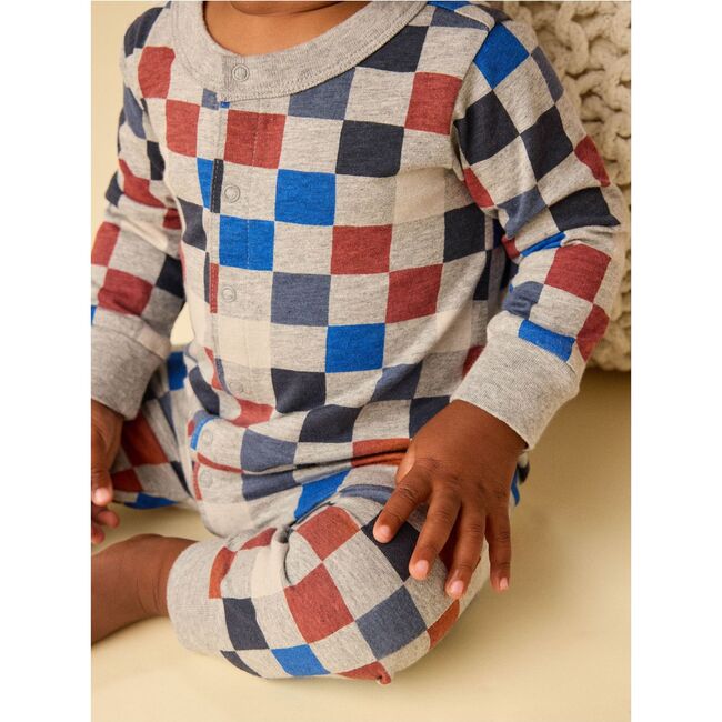 Long Sleeve Snap Front Romper, Multicolored Checkerboard - Rompers - 3