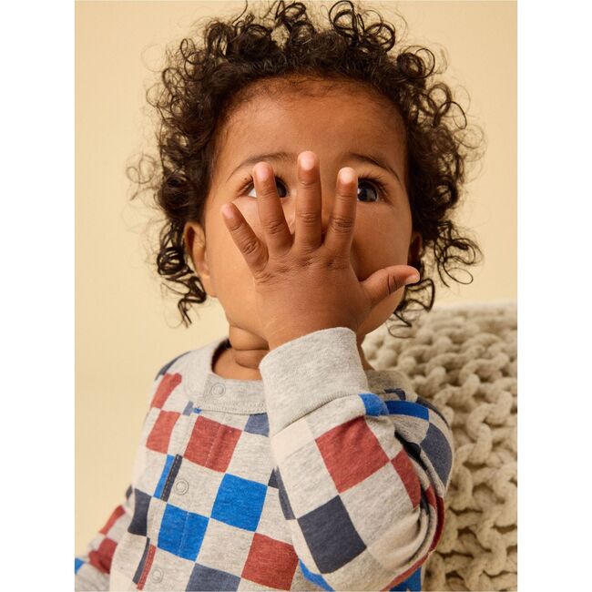 Long Sleeve Snap Front Romper, Multicolored Checkerboard - Rompers - 4