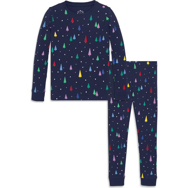 Kids Organic Pj Set In Rainbow Forest, Navy Rainbow Trees