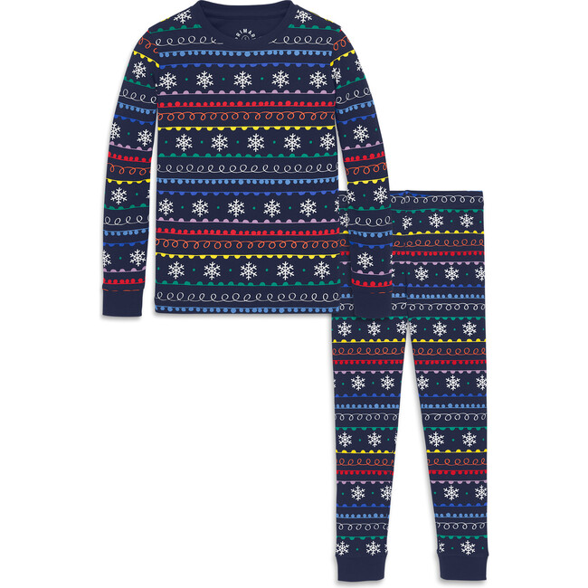 Kids Organic Pj Set In Rainbow Fair Isle, Navy Rainbow Snowflakes