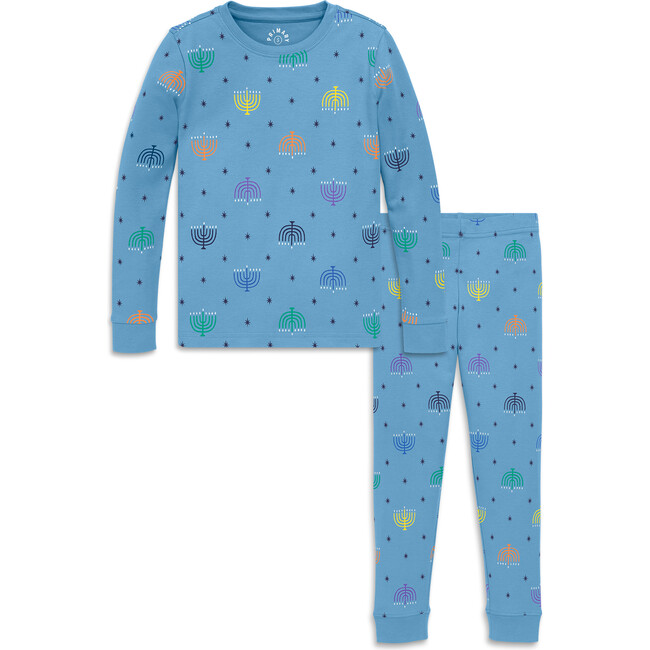 Kids Organic Pj Set In Rainbow Menorahs, Cornflower Rainbow Menorahs
