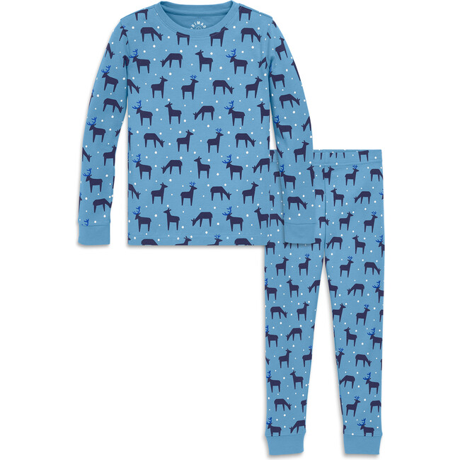 Kids Organic Pj Set In Snowy Reindeer, Cornflower Reindeer