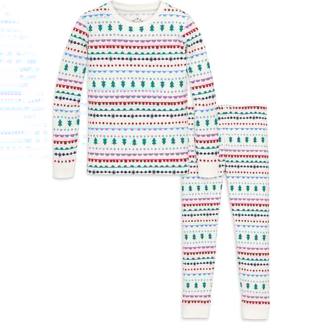 Kids Organic Pj Set In Merry Ribbons, Ivory Multi Fairisle