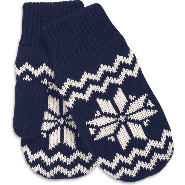 Kids Fleece-Lined Snowflake Fair Isle Mittens, Navy Oat Snowflake Fairisle