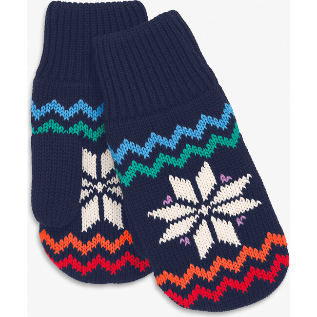 Kids Fleece-Lined Rainbow Snowflake Fair Isle Mittens, Navy Rainbow Snowflake Fair Isle