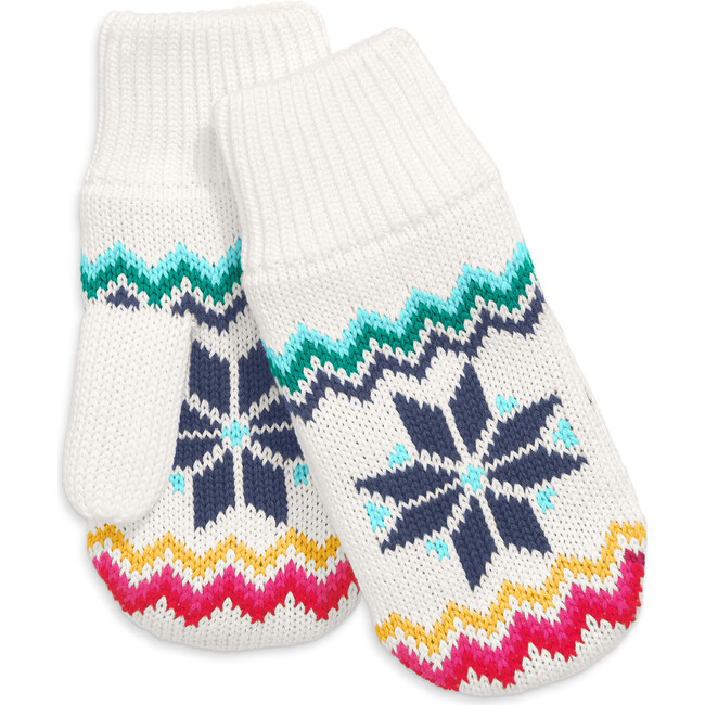 Kids Fleece-Lined Rainbow Snowflake Fair Isle Mittens, Ivory Rainbow Snowflake Fair Isle