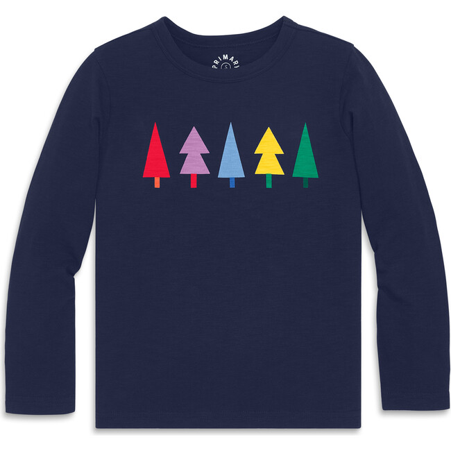 Kids Long Sleeve Rainbow Trees Tee, Navy Rainbow Tree Graphic