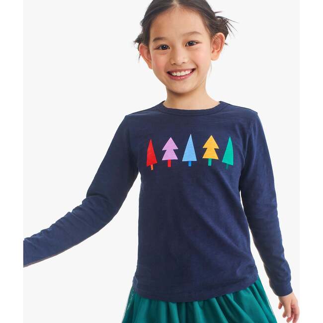 Kids Long Sleeve Rainbow Trees Tee, Navy Rainbow Tree Graphic - T-Shirts - 3