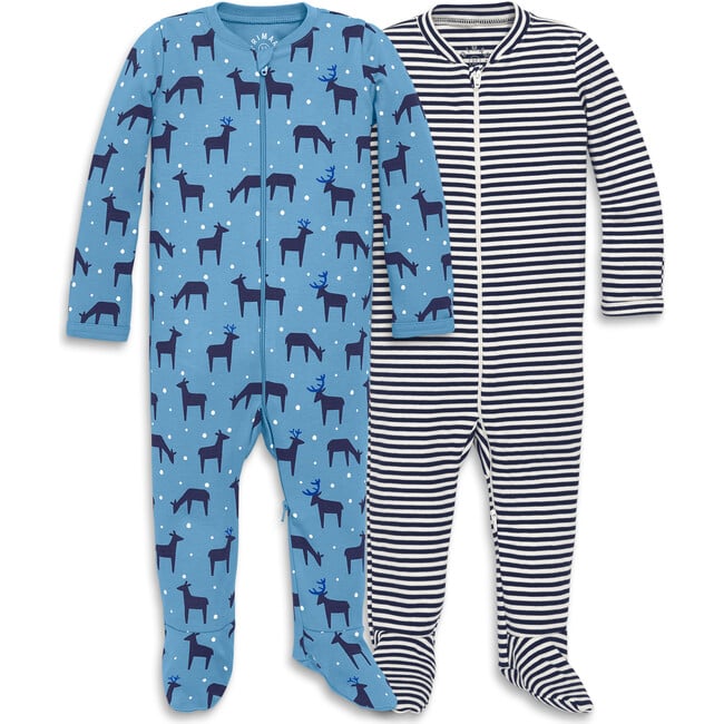 Baby Organic Footie Set In Snowy Reindeer, Cornflower Reindeer