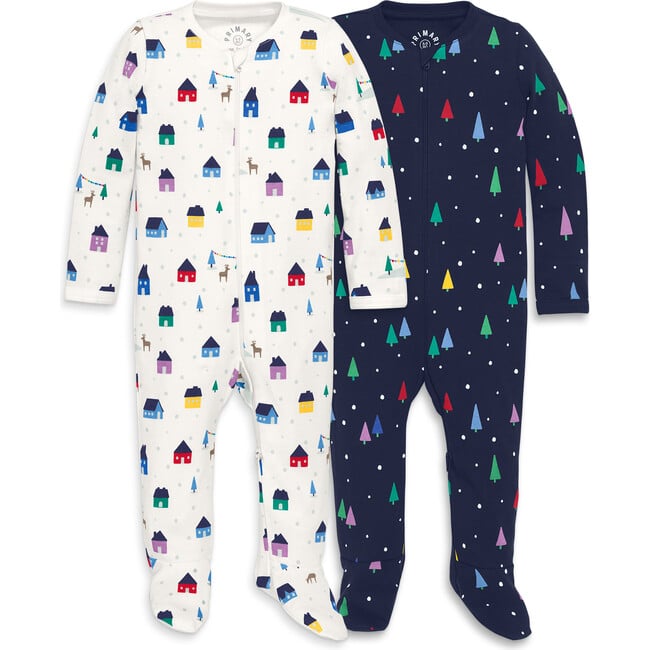 Baby Organic Footie Set In Rainbow Village, Ivory Winter Village