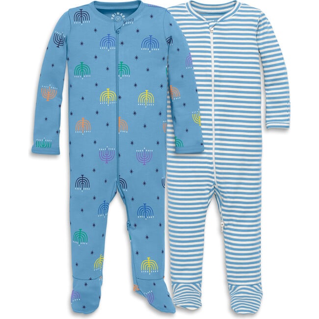 Baby Organic Footie Set In Rainbow Menorahs, Cornflower Rainbow Menorahs