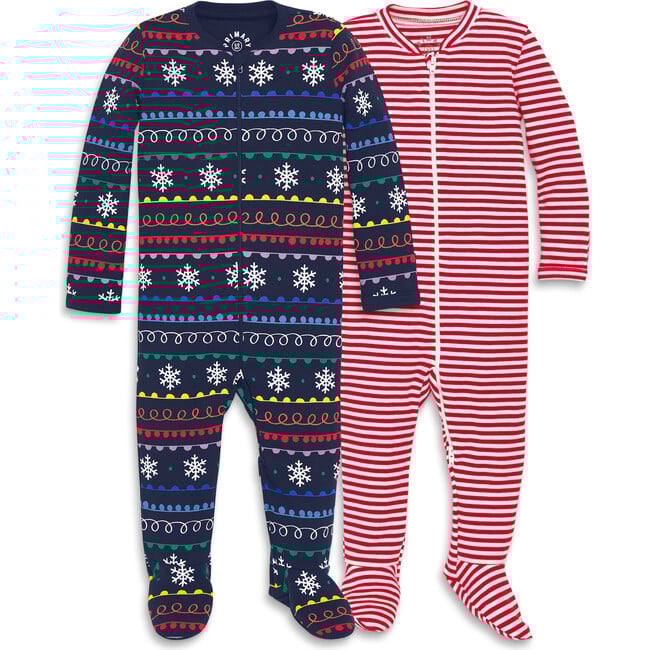 Baby Organic Footie Set In Rainbow Fair Isle, Navy Rainbow Snowflakes