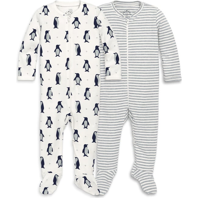 Baby Organic Footie Set In Penguin Pals, Ivory / Gray Penguins