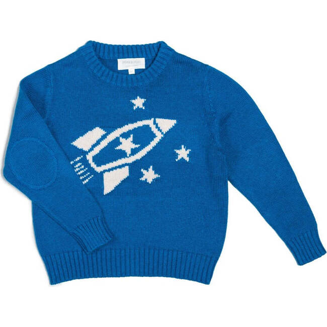 Rocket Space Knit Long Sleeve Ribbed Round Neck Jumper, Cobalt