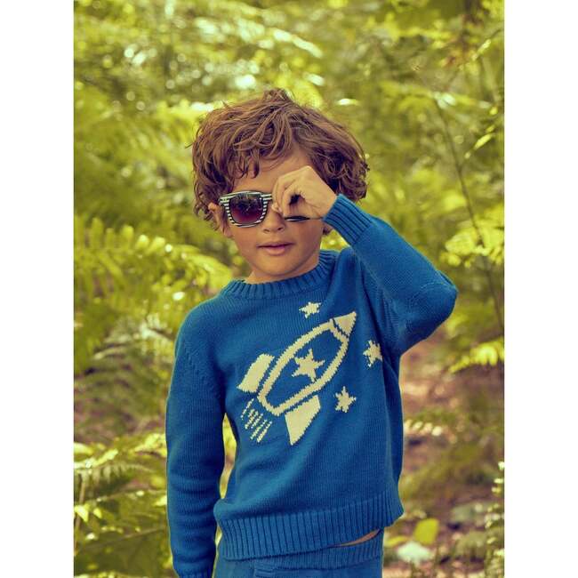 Rocket Space Knit Long Sleeve Ribbed Round Neck Jumper, Cobalt