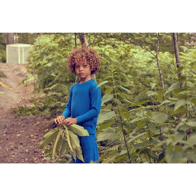 Moss Stitch Knit Ribbed Neck Jumper, Cobalt - Sweaters - 3