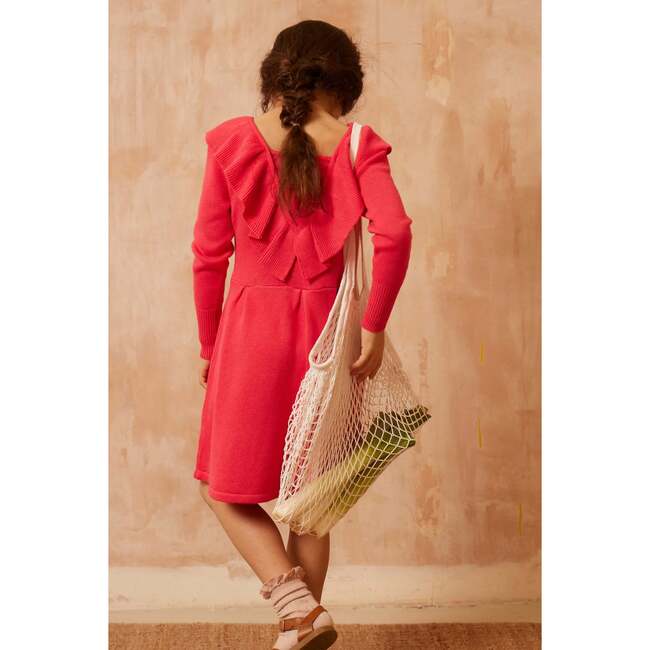 Ruffle Round Collar V-Shape Back Long Sleeve Dress, Raspberry