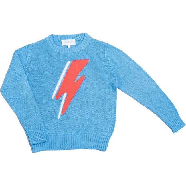 Lightning Crew Neck Ribbed Hem Long Sleeve Knit Jumper, Azure - Sweaters - 1