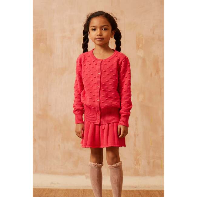 Popcorn Ribbed Hem Long Sleeve Button-Up Cardigan, Raspberry