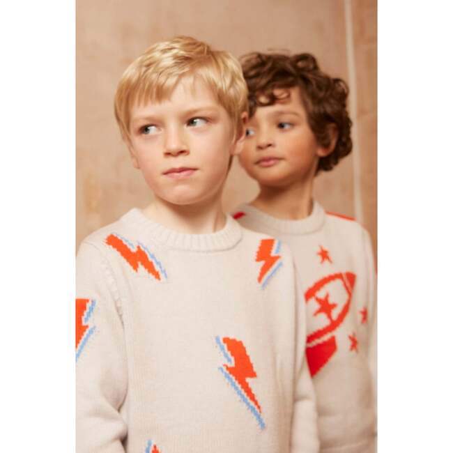 Bright Bolt Crew Neck Ribbed Hem Long Sleeve Knit Jumper, Chalk