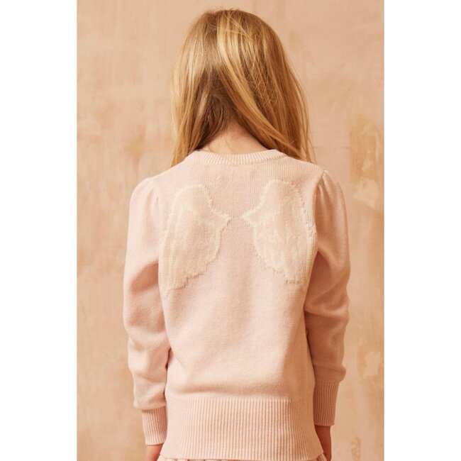 Angel Wings Round Neck Ribbed Hem Long Sleeve Jumper, Blush