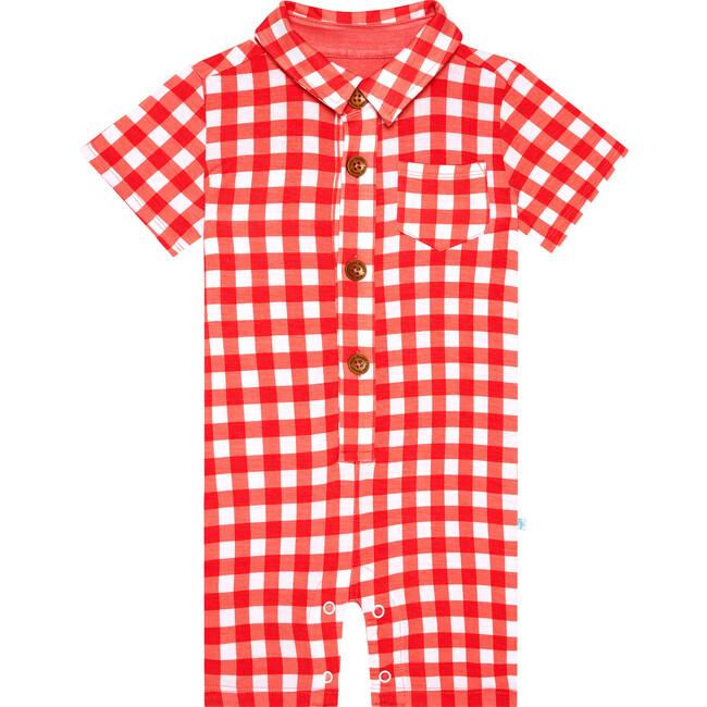 Polly Short Sleeve Collared Henley Romper, Pastel Red - Rompers - 1