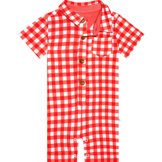 Polly Short Sleeve Collared Henley Romper, Pastel Red - Rompers - 2