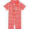 Polly Short Sleeve Collared Henley Romper, Pastel Red - Rompers - 2