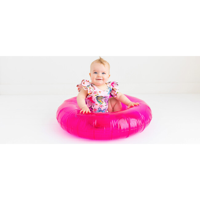 Watercolor Butterfly One-Piece Basic Ruffled Cap Sleeve Swimsuit, Open Pink - One Pieces - 5