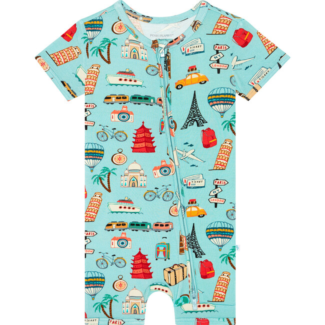 Around The World Short Sleeve Zippered Shorties, Blue - Rompers - 1