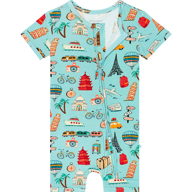 Around The World Short Sleeve Zippered Shorties, Blue - Rompers - 2