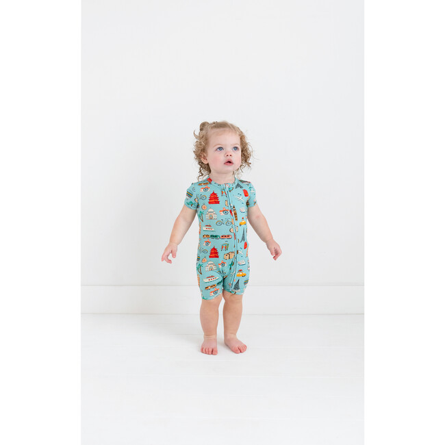 Around The World Short Sleeve Zippered Shorties, Blue - Rompers - 3