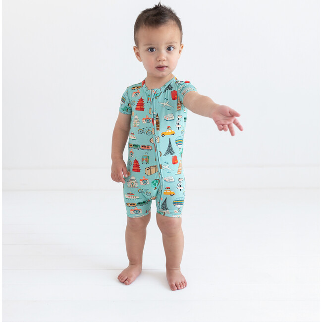 Around The World Short Sleeve Zippered Shorties, Blue - Rompers - 5