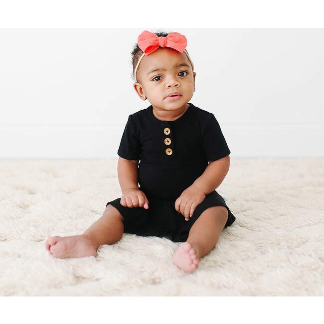 Solid Ribbed Short Sleeve Henley With Twirl Skirt Bodysuit, Black - Onesies - 2