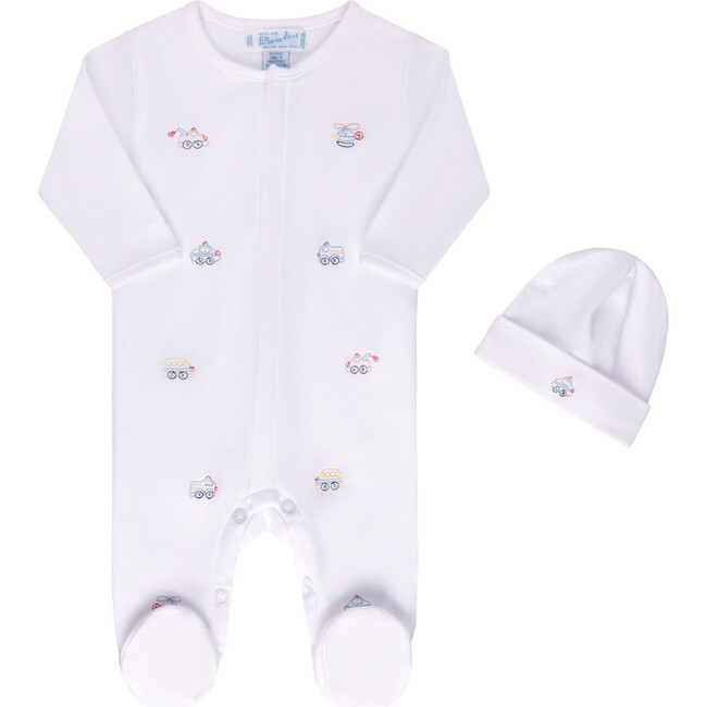 Vehicle Embroidered Cotton Romper w/Hat White