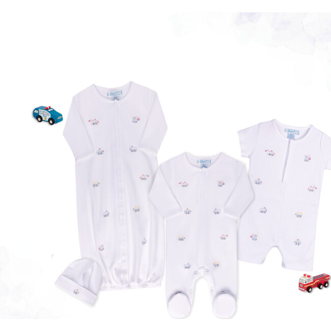 Vehicle Embroidered Cotton Romper w/Hat White - Rompers - 3