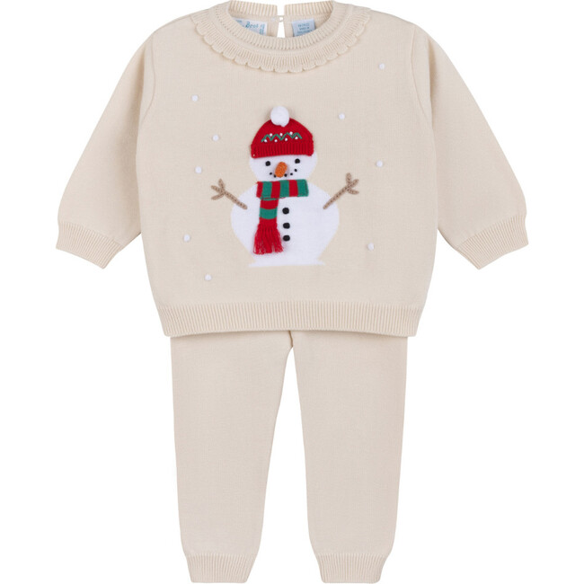 Girls Holiday Snowman Knit Set Ecru