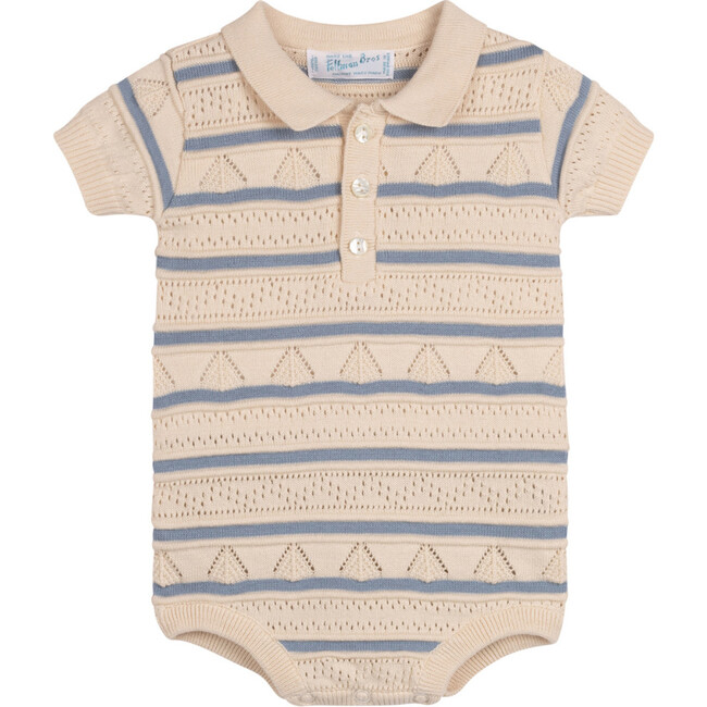 Boys Pointelle Striped Knit Romper Ecru