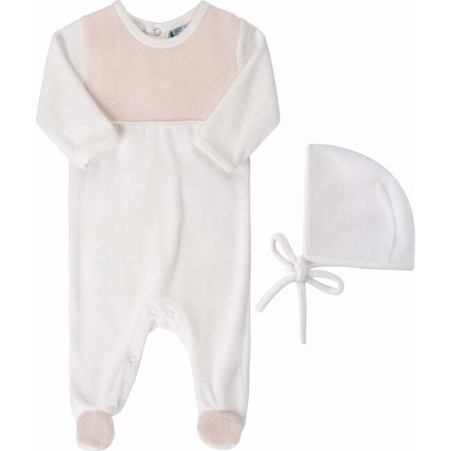 Baby Chevron Velour Romper with Hat Blush