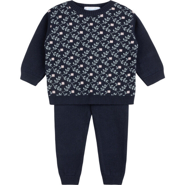 Girls Floral Vine Jacquard Knit Set Navy